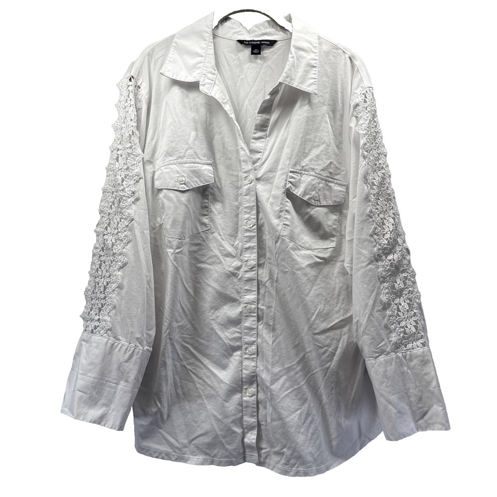 Zac & Rachel Women's Top Blouse Size 2X Plus Solid White Lace Sleeves Button Up
